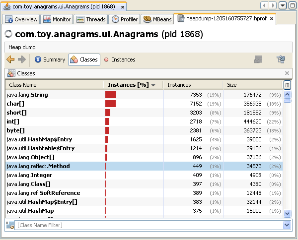 screenshot of Classes view of heap dump